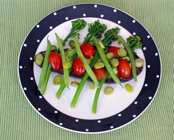 AUBERGINE with BROAD BEAN GUACAMOLE, BROCCOLI & GREEN BEANS