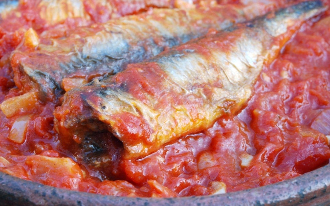 SARDINES BAKED in TOMATO, CAPERS & OLIVES
