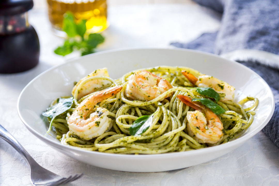 SPAGHETTI with BASIL PEA PESTO & PRAWNS Paul Wallace Fitness