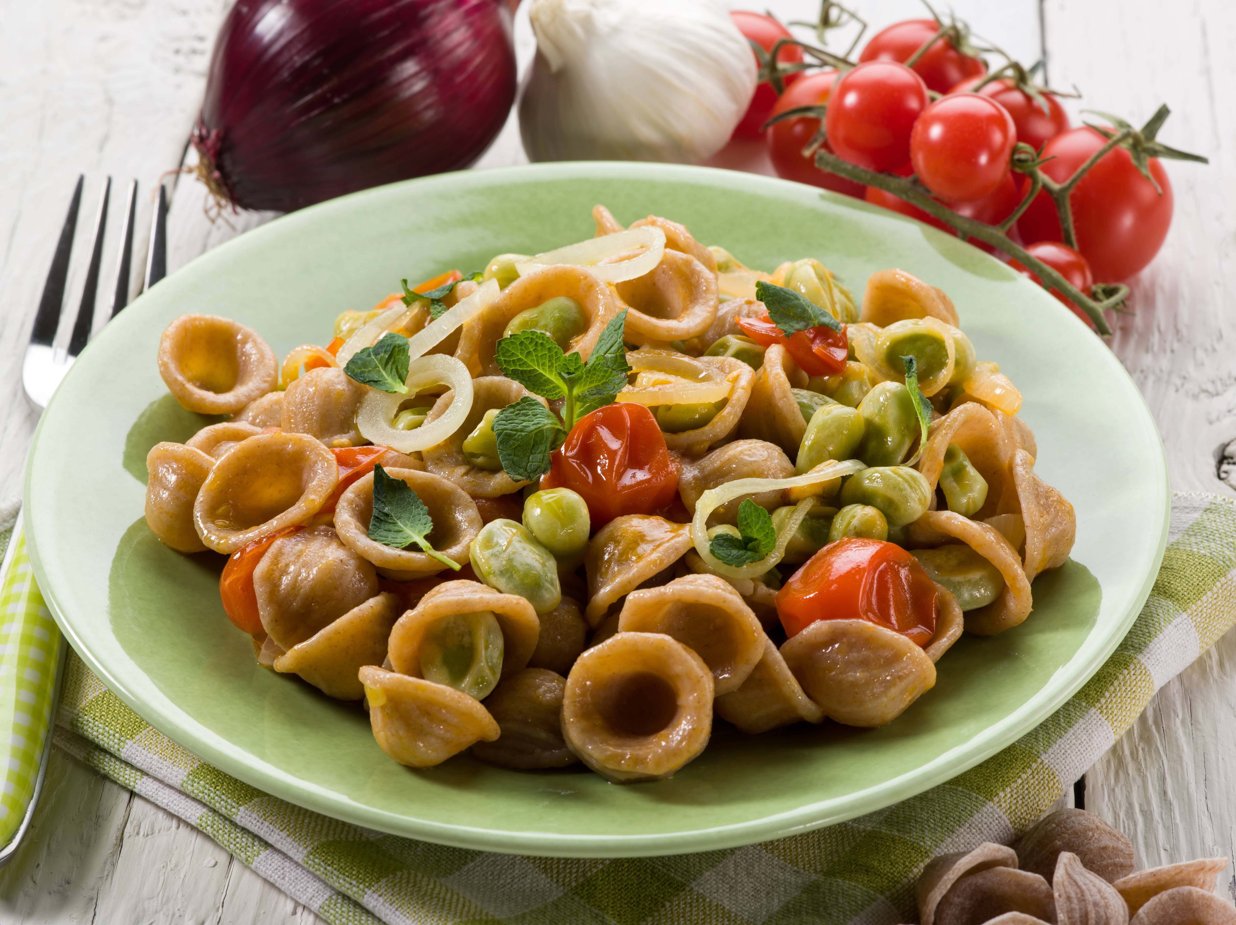ORECCHIETTE PASTA with BROAD BEANS, PEAS & TOMATO