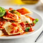 SPINACH & RICOTTA RAVIOLI with BASIL & TOMATO SAUCE