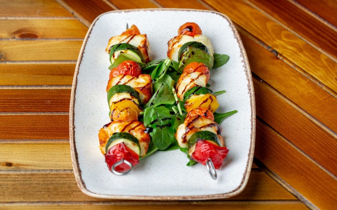 GREEK HALLOUMI & VEGETABLE SKEWERS (V)