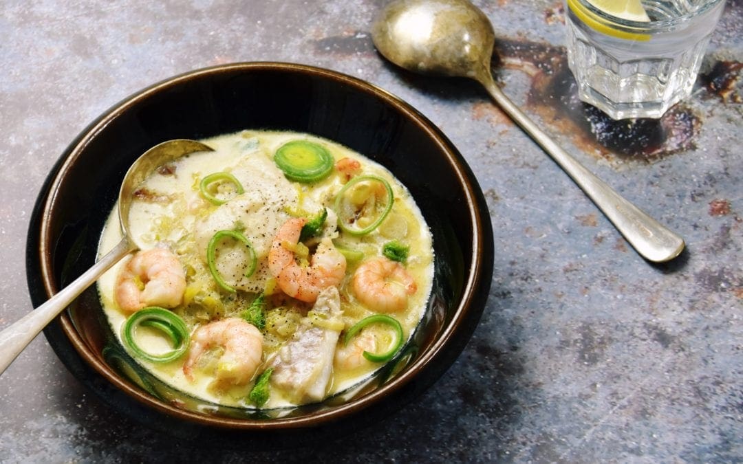 COD & PRAWNS with FENNEL & LEEKS
